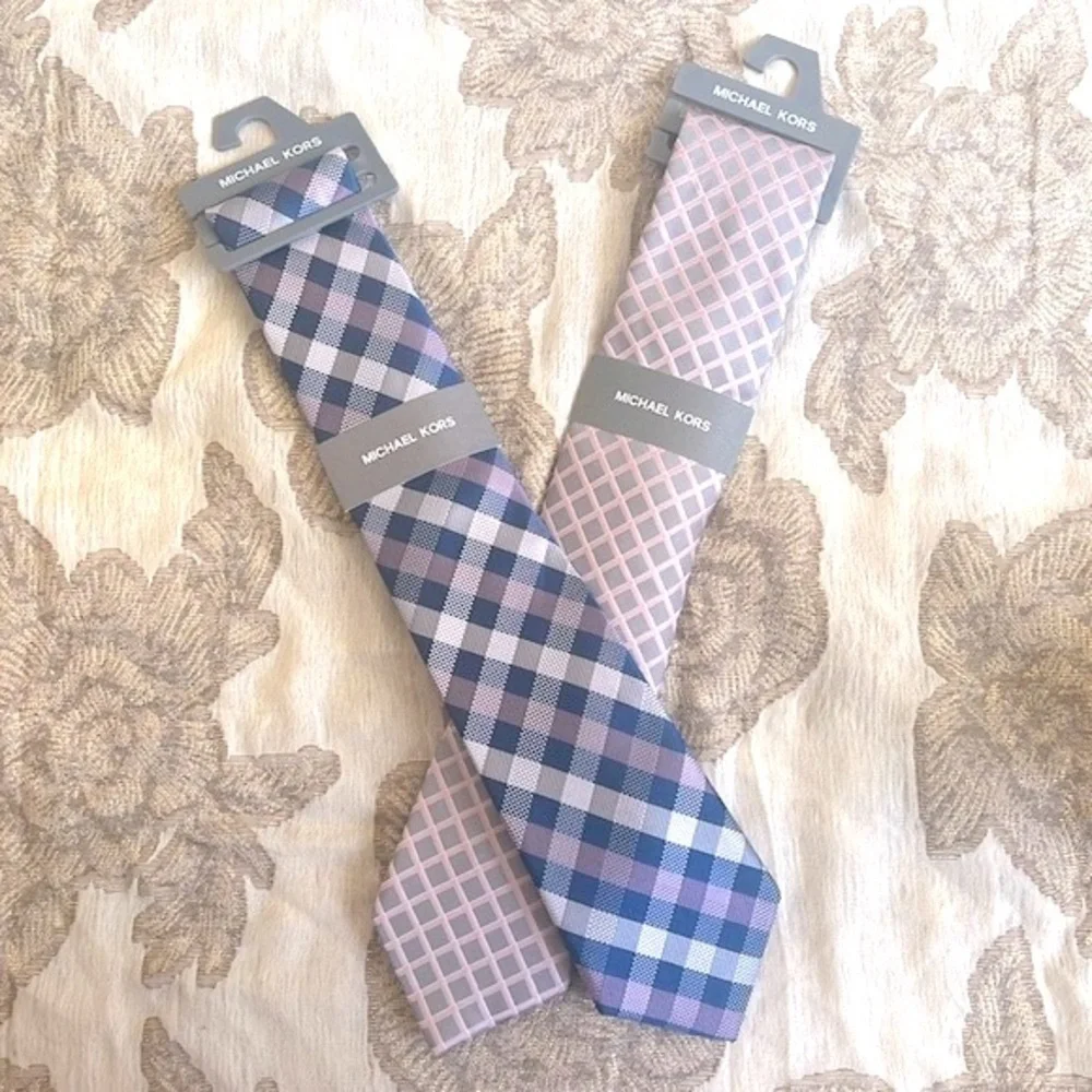 Brand New Michael Kors Set of 2 Ties Checkered Plaid Satin Sheen Business Office